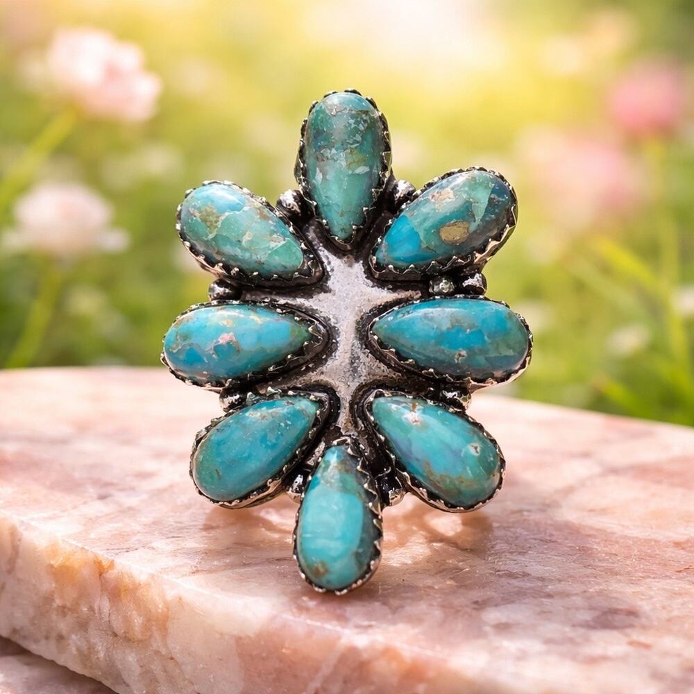 Kingman Turquoise Cluster Flower Ring Sterling Silver Size 9 Boho Handcrafted